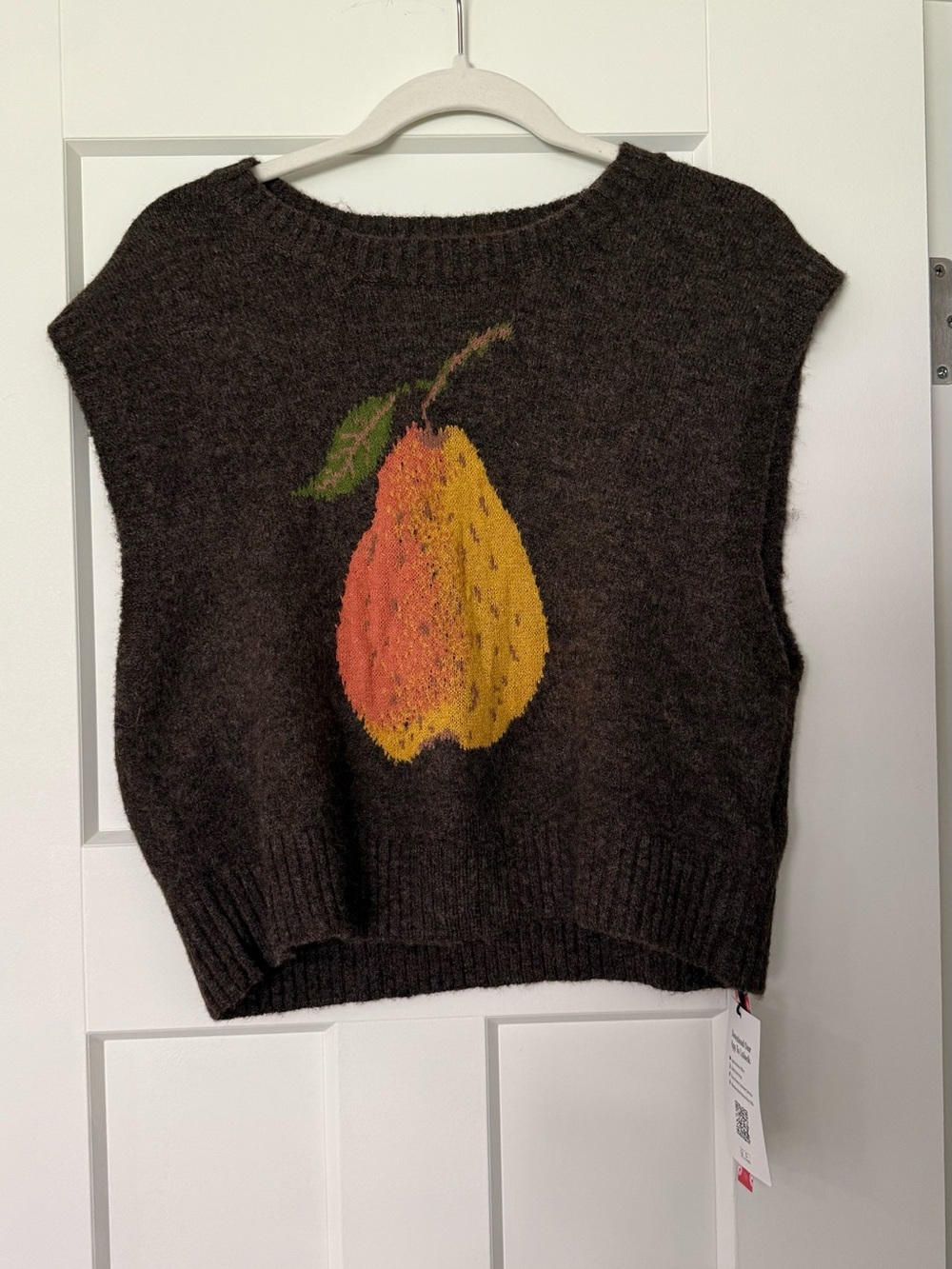 Cider Dark Brown Sleeveless Crewneck Sweater Vest with Pear Motif